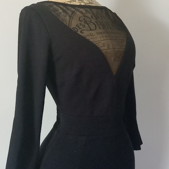 Pinup couture long sleeved black knee lengthwiggle dress V mesh front size S - Picture 4 of 7